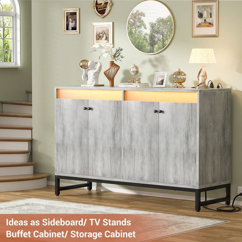 4 Doors Sideboard Buffet Cabinet with Outlets & LED Lights