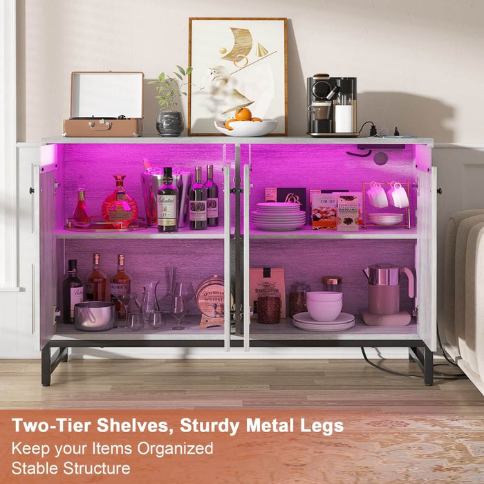 4 Doors Sideboard Buffet Cabinet with Outlets & LED Lights