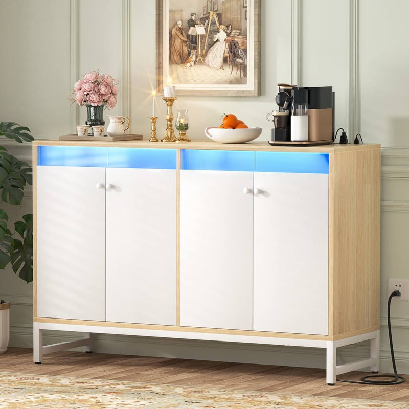 4 Doors Sideboard Buffet Cabinet with Outlets & LED Lights