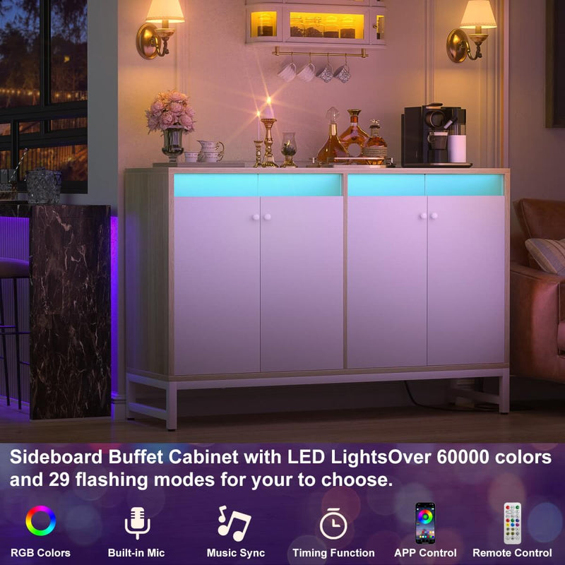 4 Doors Sideboard Buffet Cabinet with Outlets & LED Lights