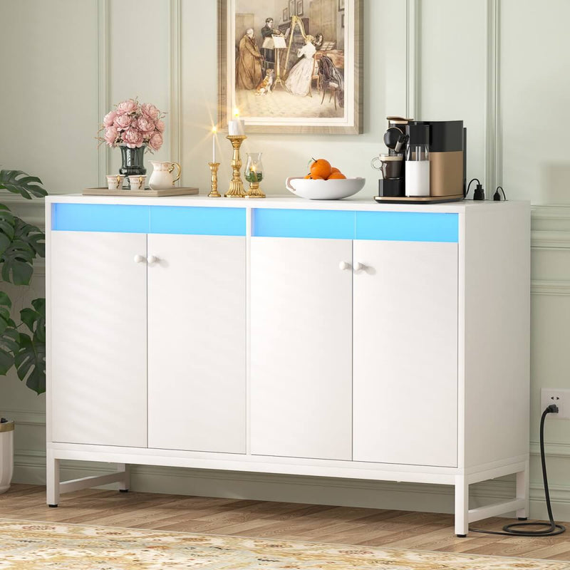 4 Doors Sideboard Buffet Cabinet with Outlets & LED Lights