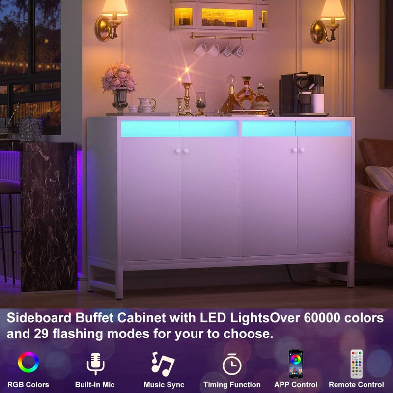 4 Doors Sideboard Buffet Cabinet with Outlets & LED Lights