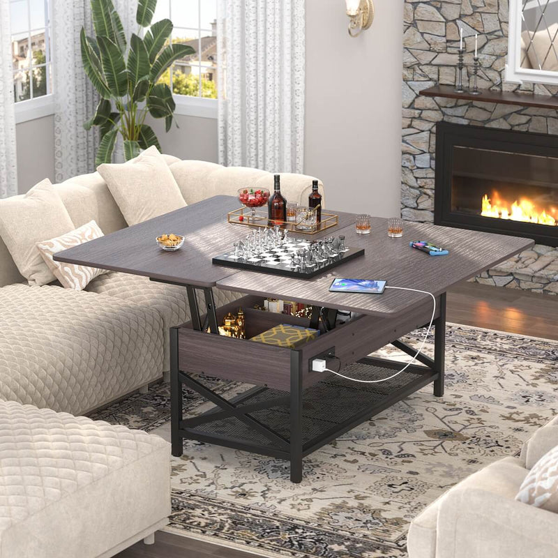 Lift-Top Coffee Table with LED Light & Power Outlet, Dining Table with Storage