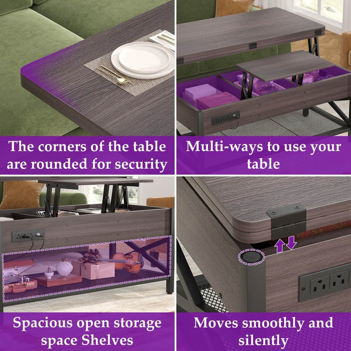 Lift-Top Coffee Table with LED Light & Power Outlet, Dining Table with Storage