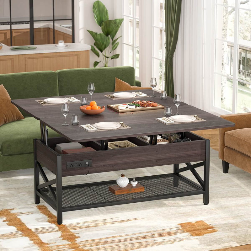 Lift-Top Coffee Table with LED Light & Power Outlet, Dining Table with Storage