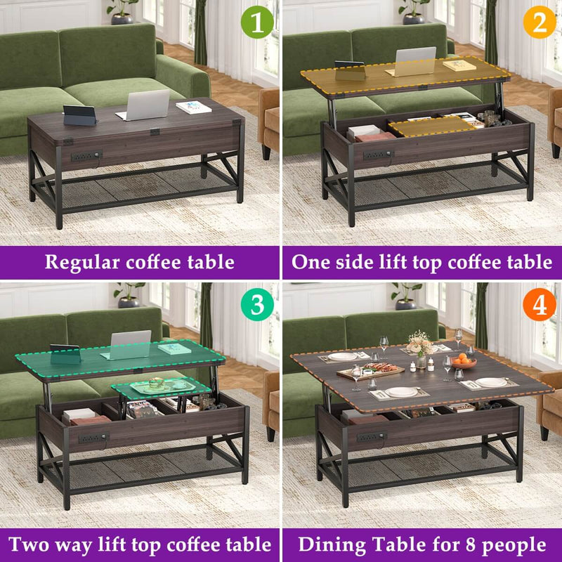 Lift-Top Coffee Table with LED Light & Power Outlet, Dining Table with Storage