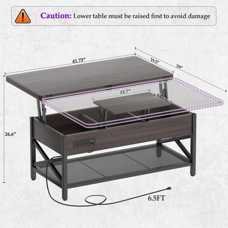 Lift-Top Coffee Table with LED Light & Power Outlet, Dining Table with Storage