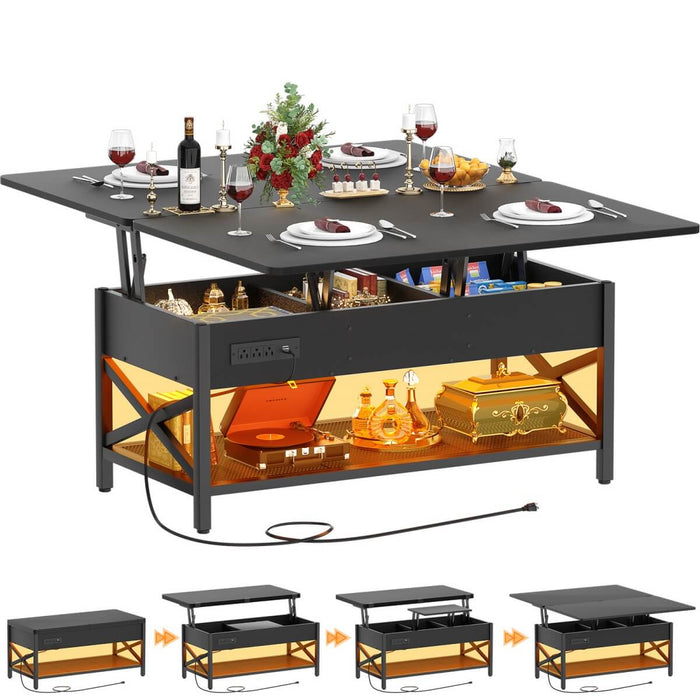 Lift-Top Coffee Table with LED Light & Power Outlet, Dining Table with Storage
