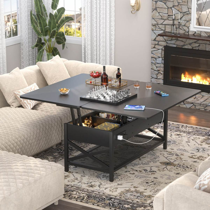 Lift-Top Coffee Table with LED Light & Power Outlet, Dining Table with Storage