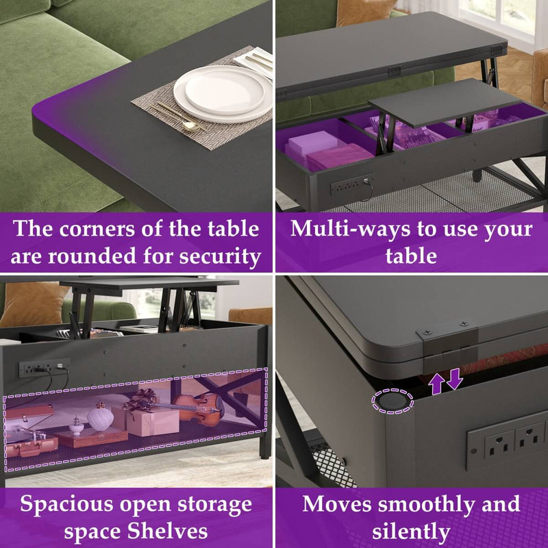 Lift-Top Coffee Table with LED Light & Power Outlet, Dining Table with Storage