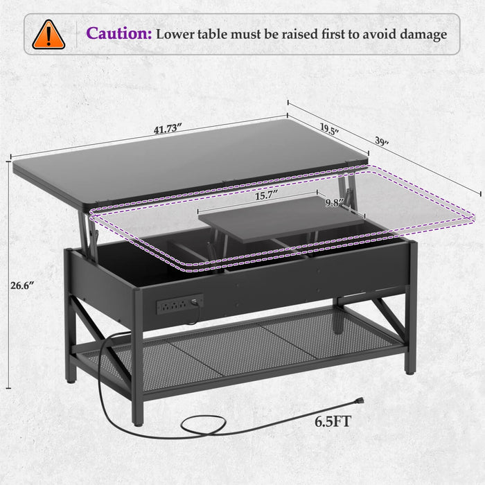 Lift-Top Coffee Table with LED Light & Power Outlet, Dining Table with Storage