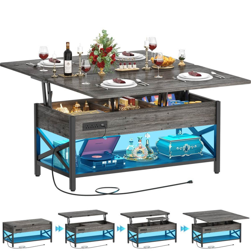 Lift-Top Coffee Table with LED Light & Power Outlet, Dining Table with Storage