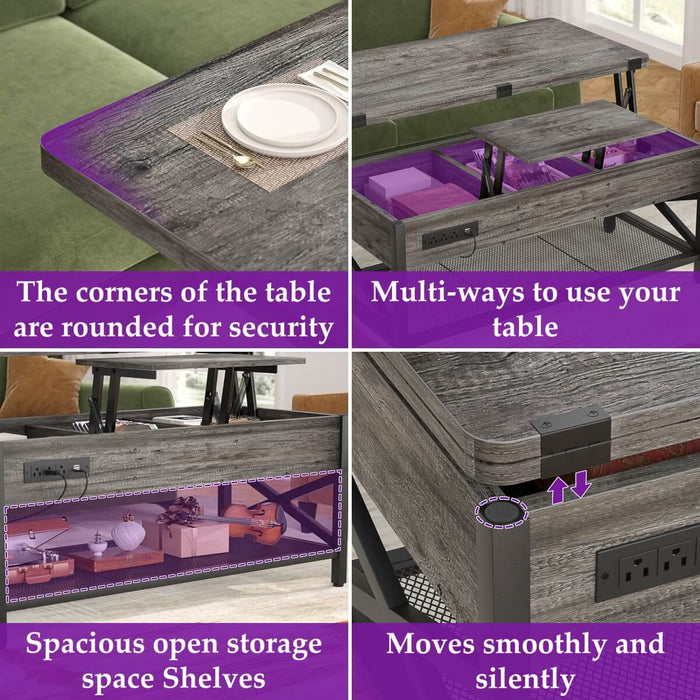 Lift-Top Coffee Table with LED Light & Power Outlet, Dining Table with Storage