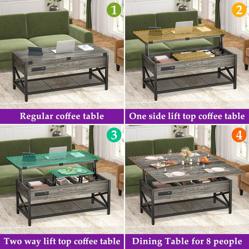Lift-Top Coffee Table with LED Light & Power Outlet, Dining Table with Storage
