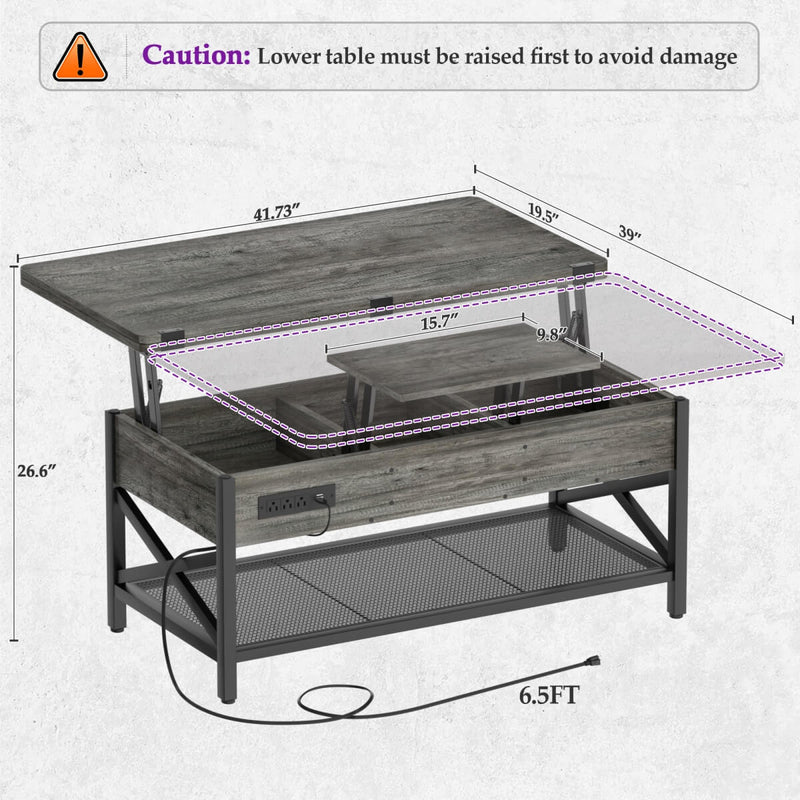 Lift-Top Coffee Table with LED Light & Power Outlet, Dining Table with Storage