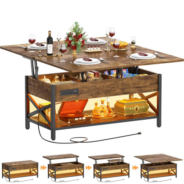 Lift-Top Coffee Table with LED Light & Power Outlet, Dining Table with Storage