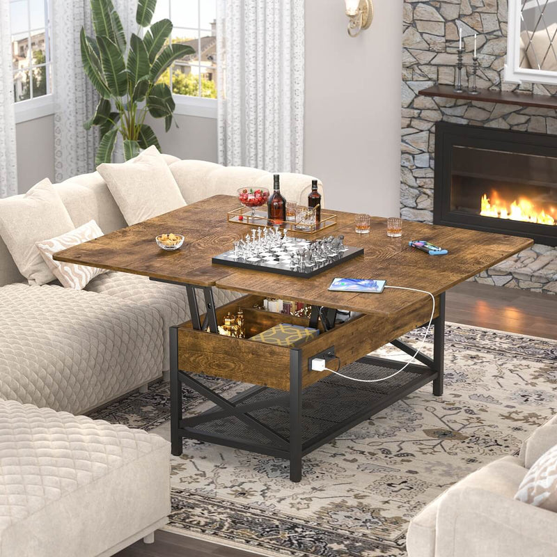 Lift-Top Coffee Table with LED Light & Power Outlet, Dining Table with Storage