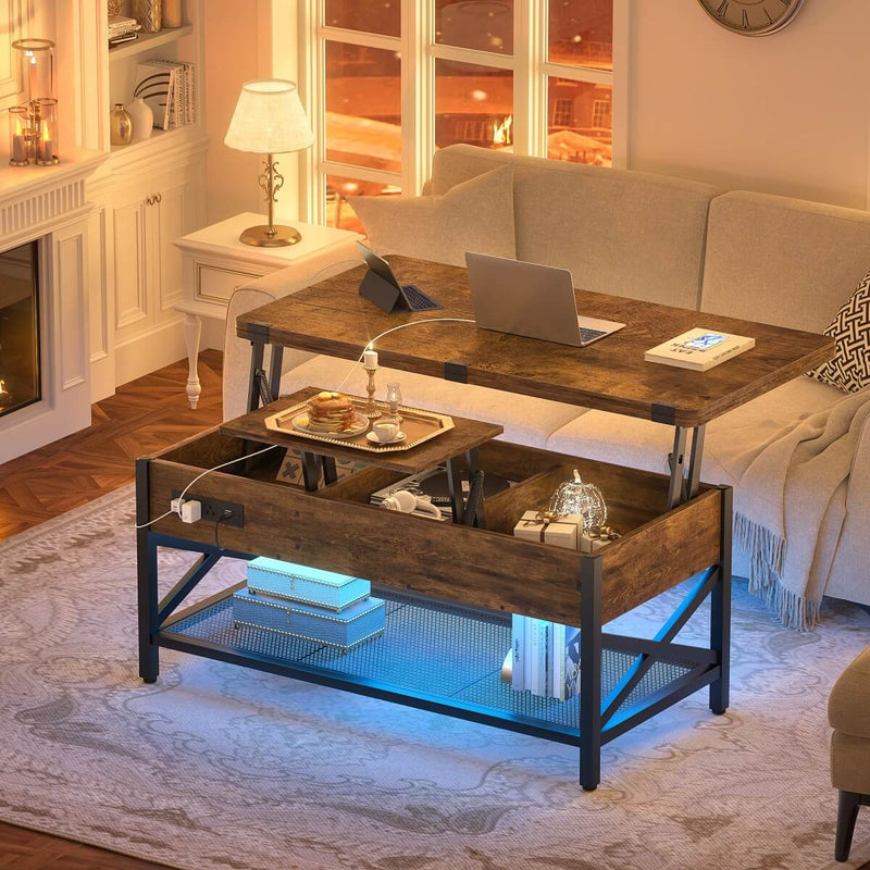 Lift-Top Coffee Table with LED Light & Power Outlet, Dining Table with Storage