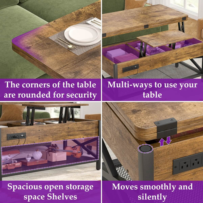 Lift-Top Coffee Table with LED Light & Power Outlet, Dining Table with Storage