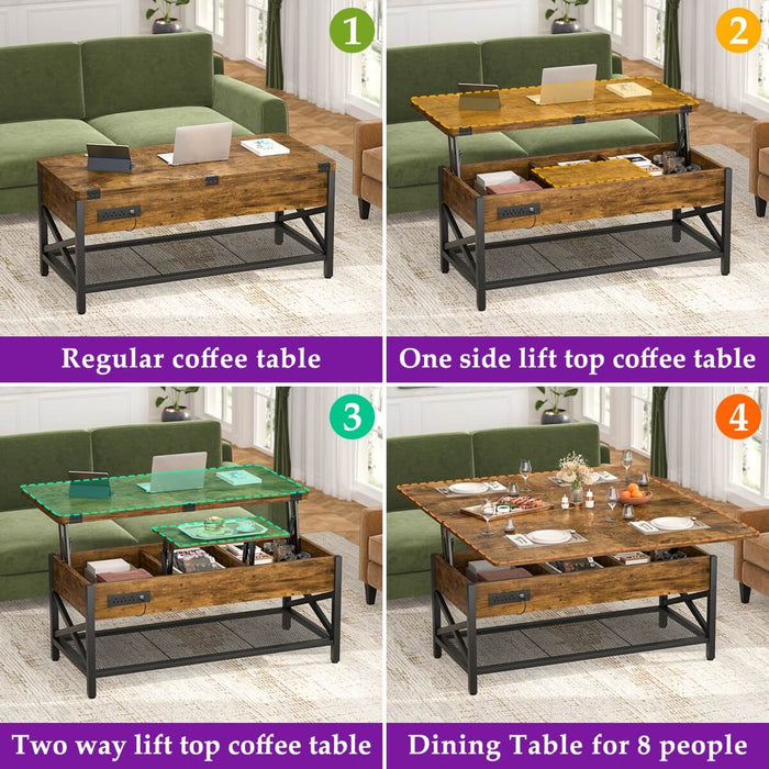 Lift-Top Coffee Table with LED Light & Power Outlet, Dining Table with Storage