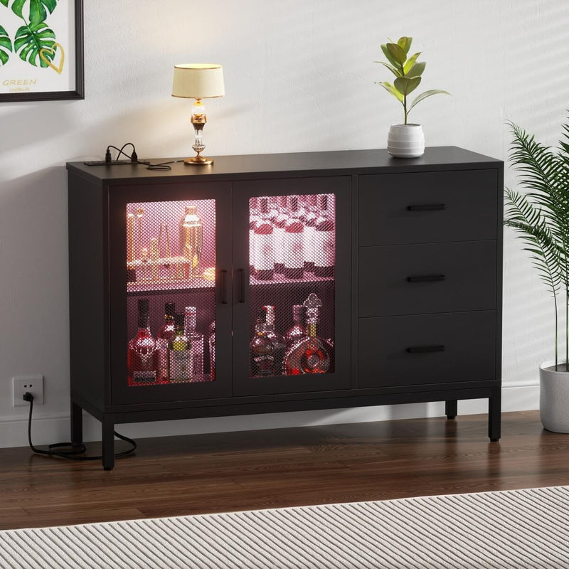 Sideboard Buffet Cabinet with 3 Drawer & Doors, and Power Outlets