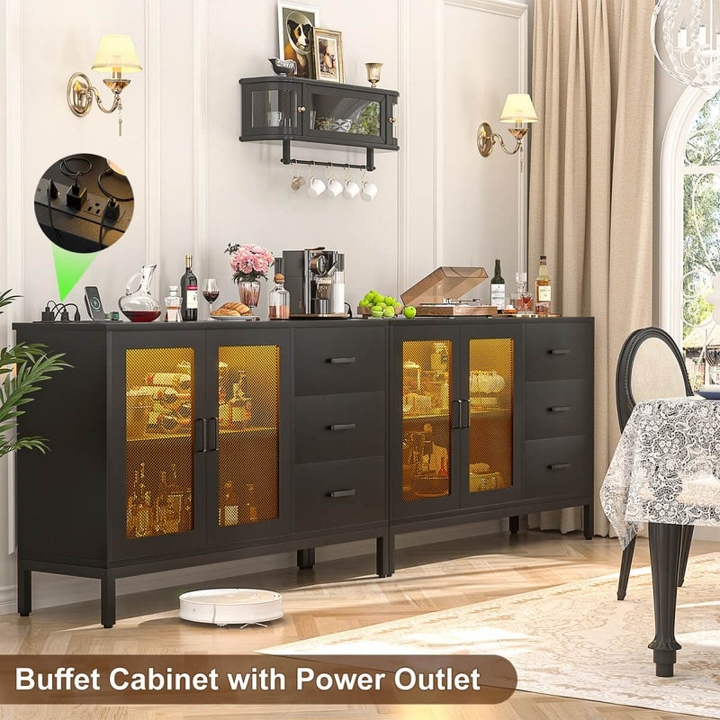 Sideboard Buffet Cabinet with 3 Drawer & Doors, and Power Outlets