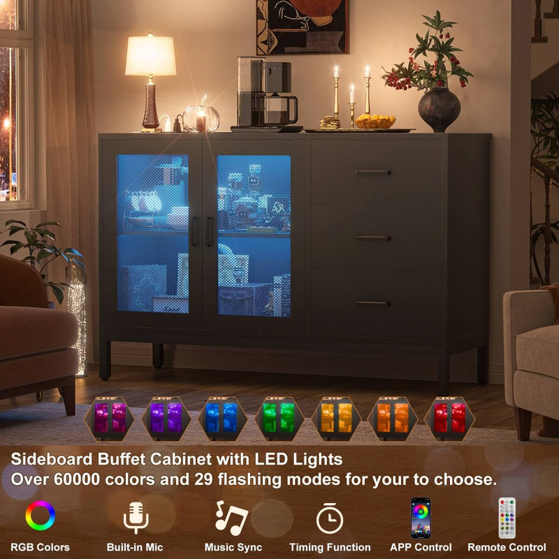 Sideboard Buffet Cabinet with 3 Drawer & Doors, and Power Outlets