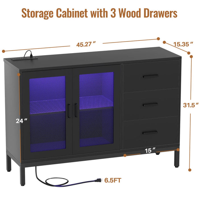 Sideboard Buffet Cabinet with 3 Drawer & Doors, and Power Outlets
