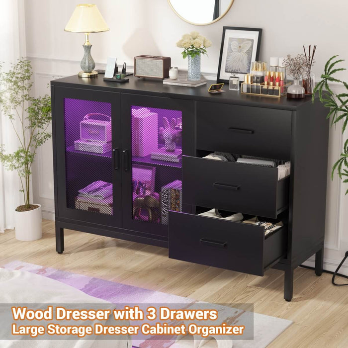 Sideboard Buffet Cabinet with 3 Drawer & Doors, and Power Outlets