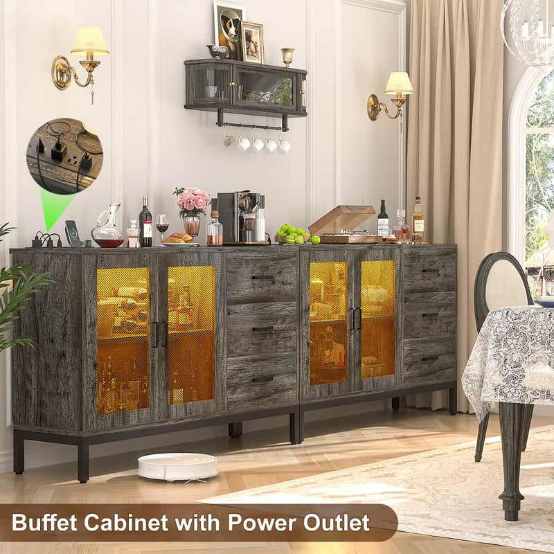 Sideboard Buffet Cabinet with 3 Drawer & Doors, and Power Outlets