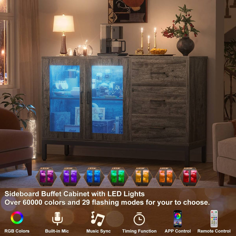 Sideboard Buffet Cabinet with 3 Drawer & Doors, and Power Outlets