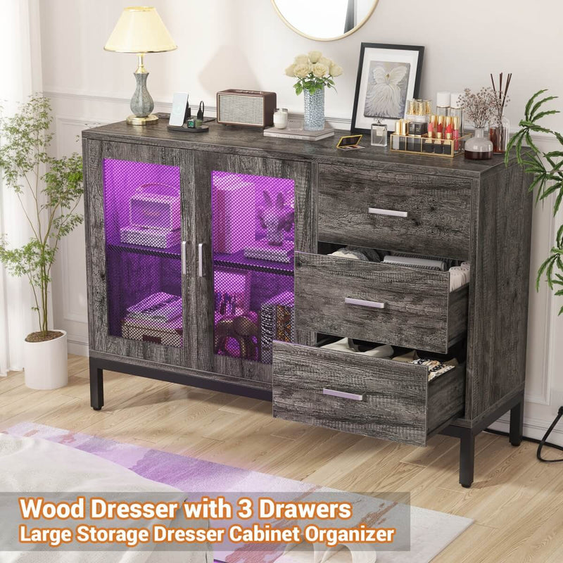 Sideboard Buffet Cabinet with 3 Drawer & Doors, and Power Outlets