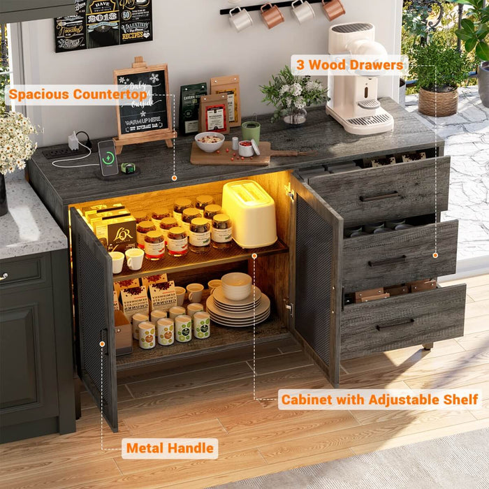 Sideboard Buffet Cabinet with 3 Drawer & Doors, and Power Outlets