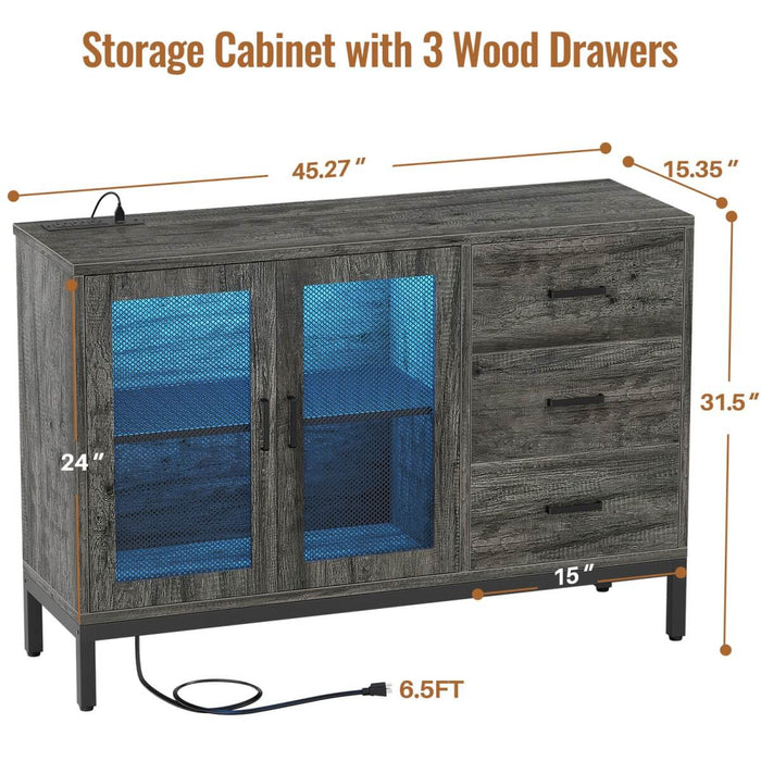 Sideboard Buffet Cabinet with 3 Drawer & Doors, and Power Outlets
