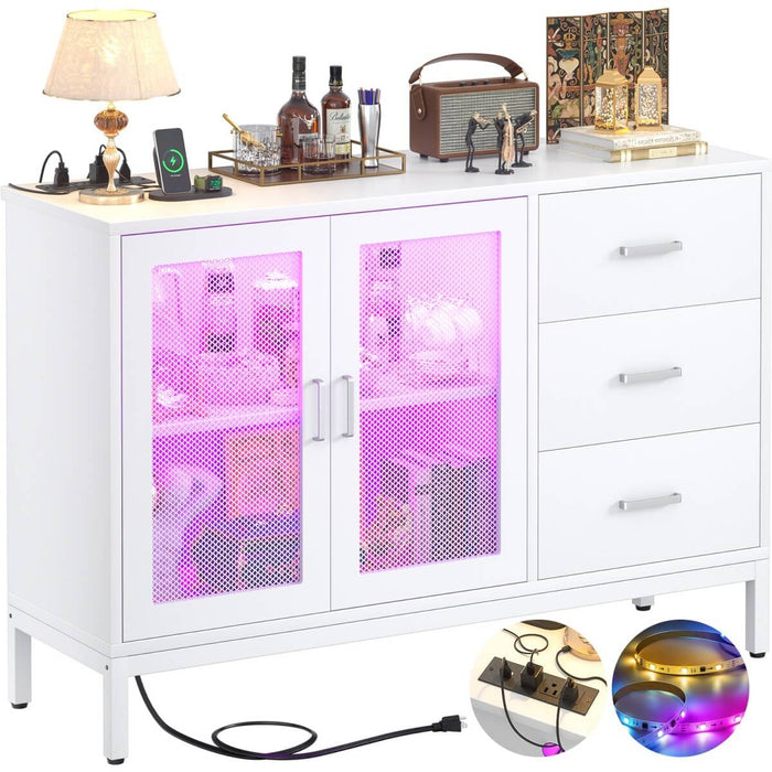 Sideboard Buffet Cabinet with 3 Drawer & Doors, and Power Outlets