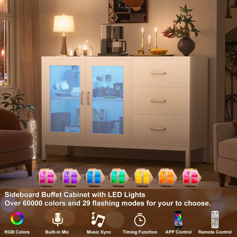 Sideboard Buffet Cabinet with 3 Drawer & Doors, and Power Outlets