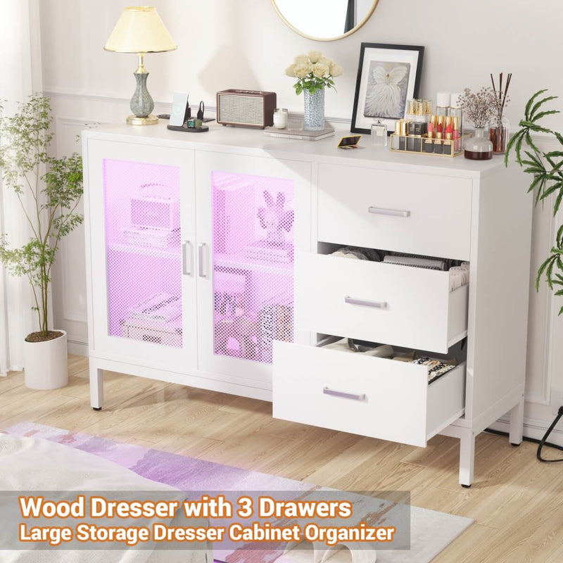 Sideboard Buffet Cabinet with 3 Drawer & Doors, and Power Outlets