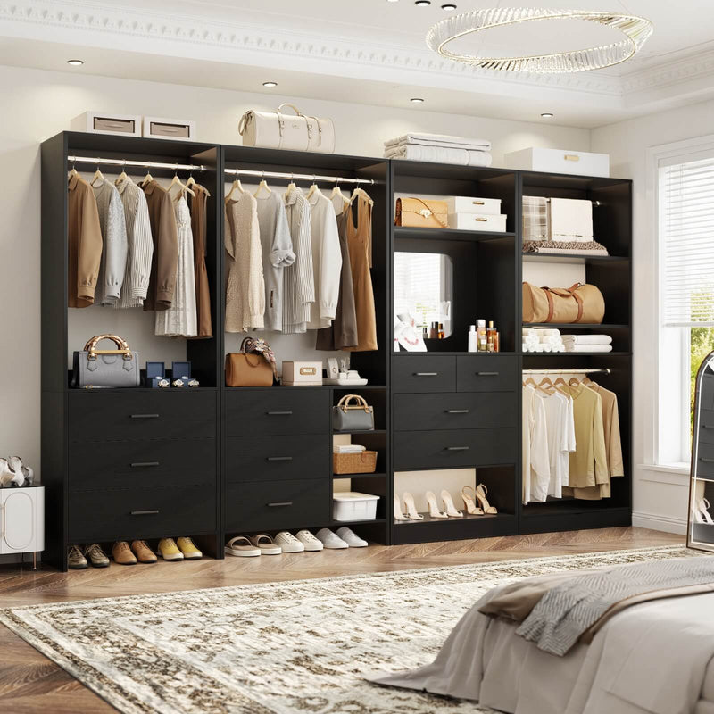 Walk in Closet Organizer System with Drawers, Shelves and Hanging Rods, 4-Piece Set