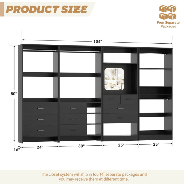 Walk in Closet Organizer System with Drawers, Shelves and Hanging Rods, 4-Piece Set
