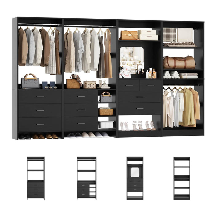 Walk in Closet Organizer System with Drawers, Shelves and Hanging Rods, 4-Piece Set