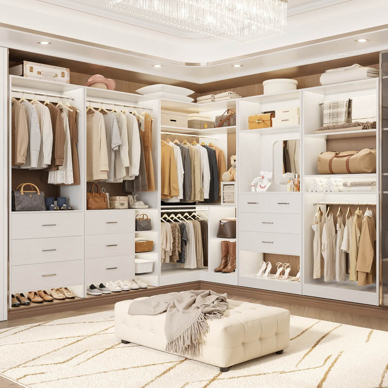 Walk in Closet Organizer System with Drawers, Shelves and Hanging Rods, 4-Piece Set