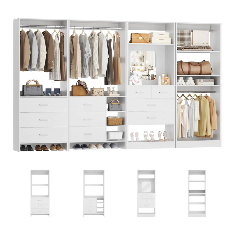 Walk in Closet Organizer System with Drawers, Shelves and Hanging Rods, 4-Piece Set