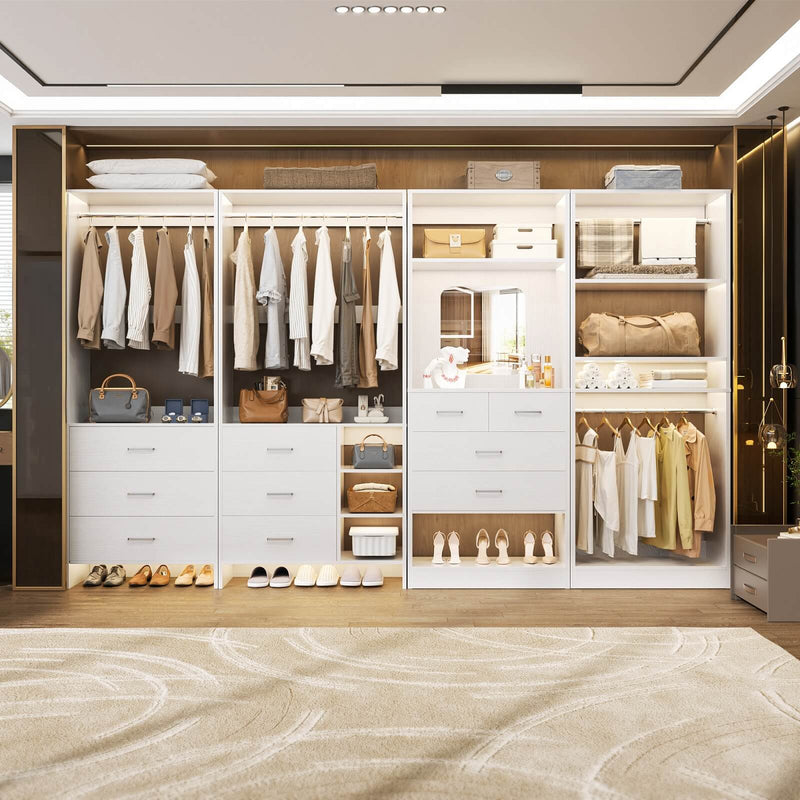 Walk in Closet Organizer System with Drawers, Shelves and Hanging Rods, 4-Piece Set