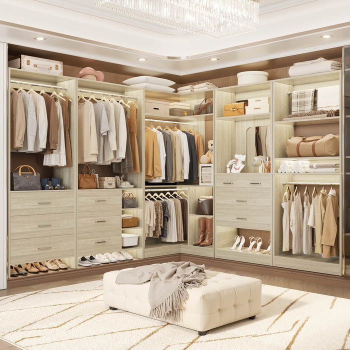 Walk in Closet Organizer System with Drawers, Shelves and Hanging Rods, 4-Piece Set