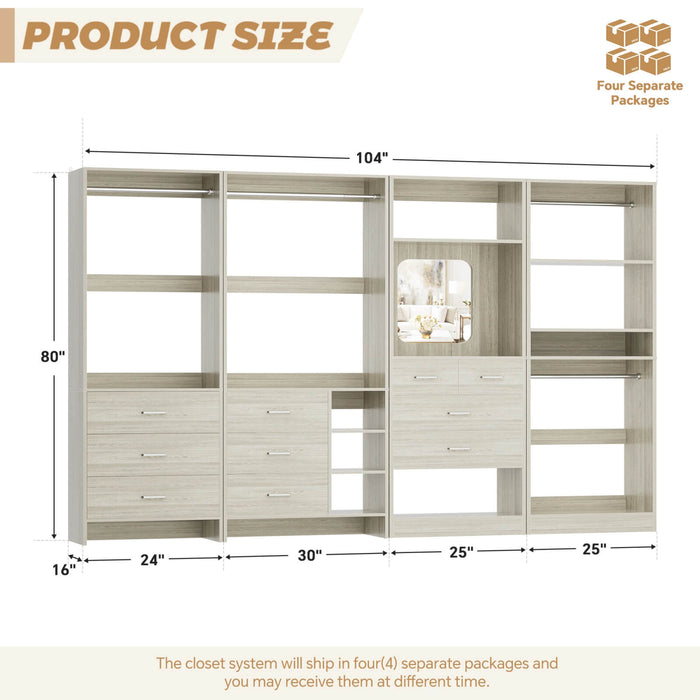 Walk in Closet Organizer System with Drawers, Shelves and Hanging Rods, 4-Piece Set