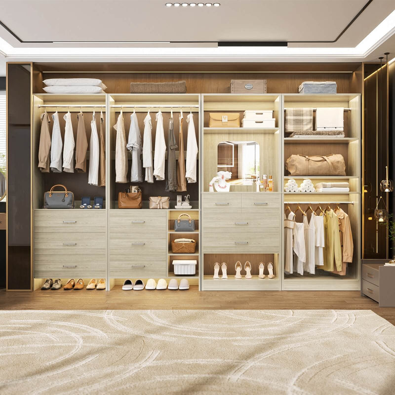 Walk in Closet Organizer System with Drawers, Shelves and Hanging Rods, 4-Piece Set