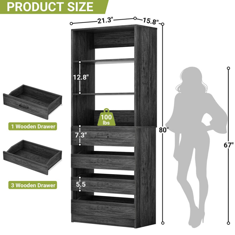 80'' High Walk in Closet Organizer System with 4 Drawers