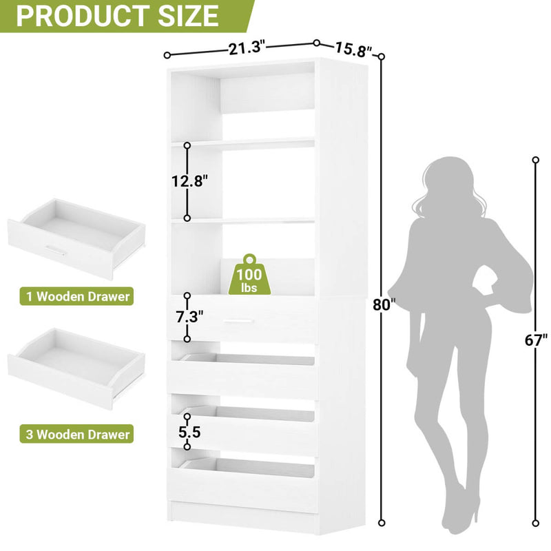 80'' High Walk in Closet Organizer System with 4 Drawers