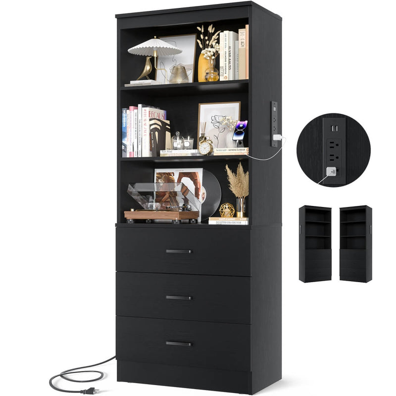 Floor Standing Bookcase with Power Outlets & 3 Drawers, 23.6''L x 71''H x 13.8''W