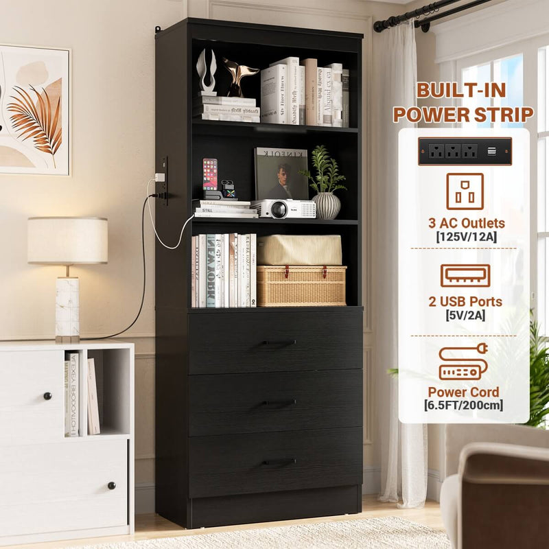 Floor Standing Bookcase with Power Outlets & 3 Drawers, 23.6''L x 71''H x 13.8''W